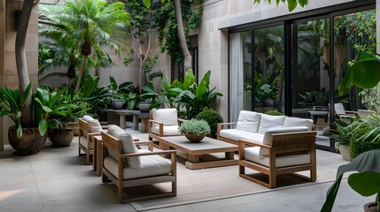 Fototapeta premium Photograph a tranquil outdoor patio with elegant, minimalist furniture and lush greenery, creating a serene and luxurious space for relaxation and reflection