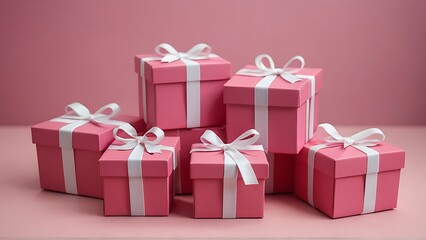Obraz premium A set of assorted pink gift boxes with white ribbons stacked against a pink background.