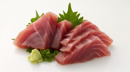 Tuna sashimi against a white backdrop