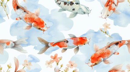 Watercolor Koi Fish and Floral Pattern Seamless Repeat for Wallpaper, Fabric, and Surface Design