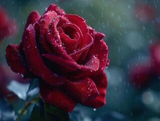 exquisite red rose in full bloom petals glistening with morning dew soft focus background of lush garden delicate details highlight the flowers natural beauty and rich crimson hues