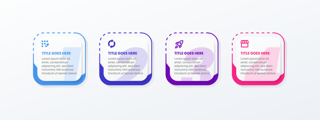 Business Infographic Template Design with Square Label, Icon and 4 Options. Suitable for Process Diagram, Presentations, Workflow Layout, Banner, Flow Chart, Infographic.