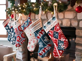 Obraz premium festive array of whimsical christmas stockings featuring nordicinspired patterns hanging by a cozy fireplace with twinkling lights and evergreen garlands