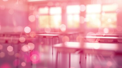 An empty classroom with desks and windows, illuminated by soft pink bokeh lights, creating a dreamy atmosphere.