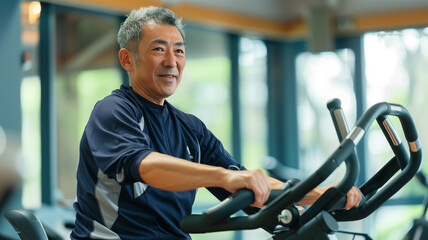 ジムでエクササイズバイクを使う日本人のシニア男性