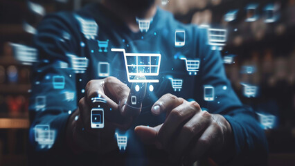 E-commerce and online shopping concept with icons, website ad, email, social network, SEO, video, mobile app,Digital online marketing commerce sale concept, virtual screen,ecommerce growth concept,