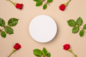 White round podium, pedestal product, presentation empty mockup on beige background with frame of red roses