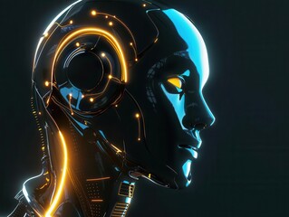 futuristic profile of android head with glowing neural network neon blue and yellow accents on sleek metallic surface