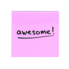pink sticky note with handwritten text saying awesome, transparent background