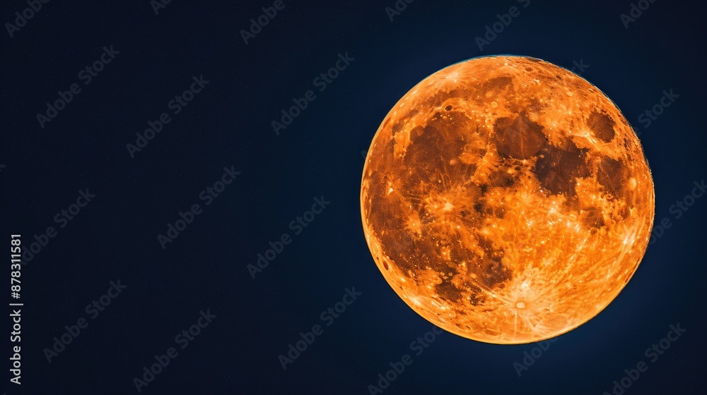 Sticker detailed full moon with orange hue on night sky with copy space