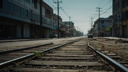 Fototapeta premium railway tracks. transportation roads and platform with carriage. foggy rainy atmosphere on railroad. 
