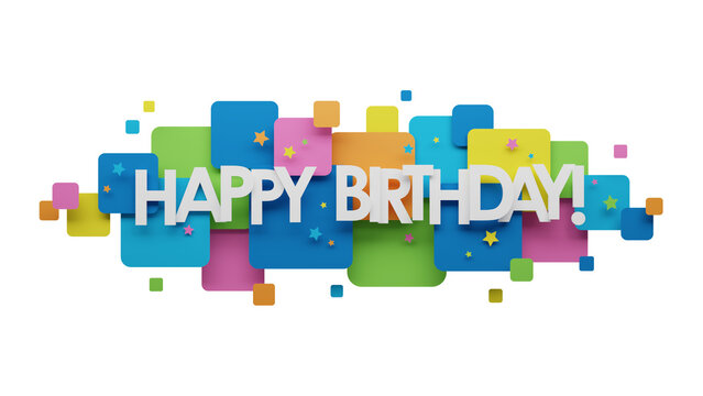 HAPPY BIRTHDAY! typography banner on colorful squares on transparent background