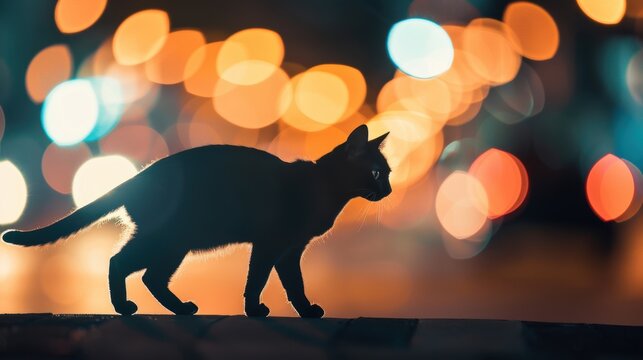 A silhouette of a cat walking against a colorful bokeh background, creating a mysterious and captivating night scene.