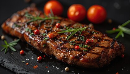 Juicy steak, a piece of grilled meat with vegetables on the fire