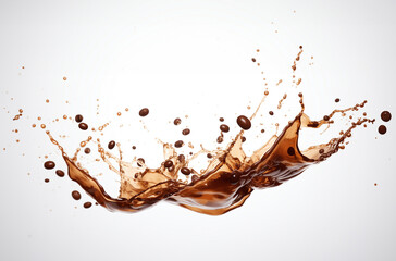 Coffee beans with espresso splash up on white background, GenerativeAI, Closeup of coffee bean and drink
