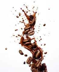Coffee beans with espresso splash up on white background, GenerativeAI, Closeup of coffee bean