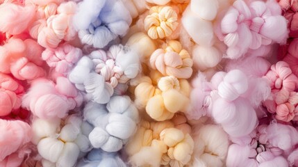 Obraz premium Close-up of pastel-colored yarn bundles with soft focus, creating a cozy and delicate textile scene.