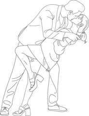 Engaged couple kissing, Lovely couple holding hands. Man and woman together, Hand drawn in thin line style