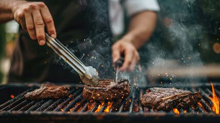 Fototapeta premium chef grilling steaks on an outdoor grill, hands close-up using tongs. The meat is well done and has charred edges with smoke rising from the flames underneath it
