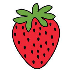 Hand drawn cartoon tasty and juicy strawberry with green leaf on white background.