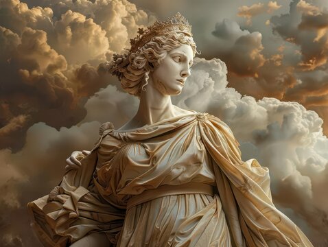 hyperrealistic digital sculpture of hera greek goddess of marriage adorned in flowing renaissancestyle robes and ornate golden crown set against a dramatic cloudy olympus backdrop
