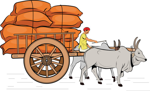 Indian Bullock Cart with crops, Indian Bullock Cart, farmer riding a bullock cart Indian village, Hand drawn in thin line style