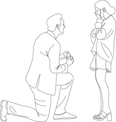 Man proposing to a woman, man proposing to the woman kneeling Hand drawn in thin line style vector illustration