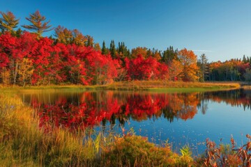 Vibrant autumn landscape with a forest ablaze in red and gold, a calm lake reflecting the colors, and a crisp, clear sky.