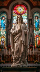 Fototapeta premium Divine Presence - Statue of Jesus Christ in Church with Stained Glass Background