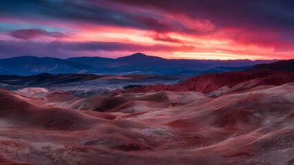 Naklejka premium Rocky mountains range and clouds sunset landscape
