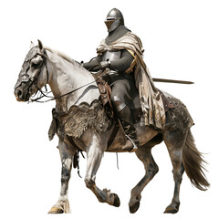 Fototapeta premium A medieval knight in full armor riding a majestic white horse, with intricate details on both the knight's armor and the horse's barding.