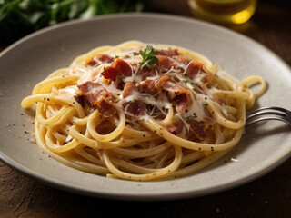 A plate of creamy spaghetti carbonara topped with a raw egg yolk, crispy bacon bits, and a sprinkle of fresh parsley, served on a rustic wooden table