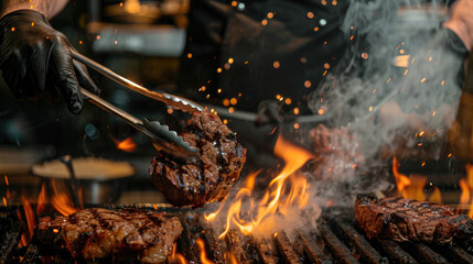 chef grilling steaks on an outdoor grill, hands close-up using tongs. The meat is well done and has charred edges with smoke rising from the flames underneath it