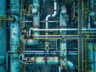 intricate industrial water system overhead view of gleaming steel pipes valves and pumps cool blue tones complex mazelike structure