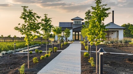 Obraz premium Pathway leading to a modern suburban farmhouse, lined with young trees and solar pathway lights