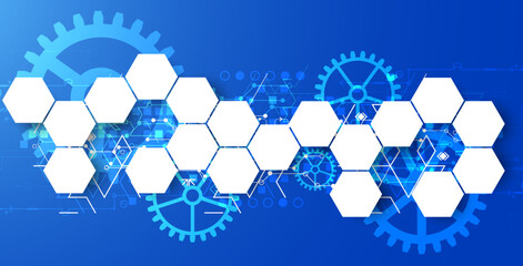 Gear wheel technology pattern on blue gradient background with hexagons. Hand drawn vector.