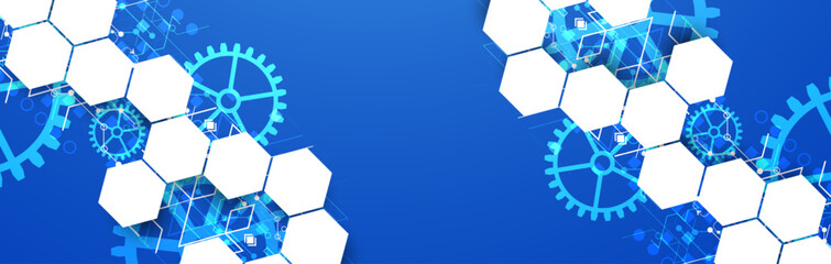 Gear wheel technology pattern on blue gradient background with hexagons. Hand drawn vector.