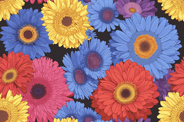 A seamless pattern featuring vibrant gerbera daisies in red, blue, yellow, and purple on a black background. The bold and colorful design is perfect for making a statement.
