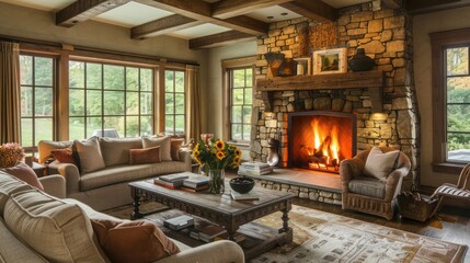 Rustic living room in a suburban farmhouse with a stone fireplace, plush sofas, and wooden accents