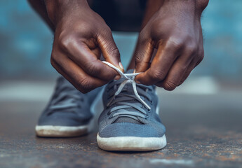 Close up of a black man hands tying shoelaces before training starts