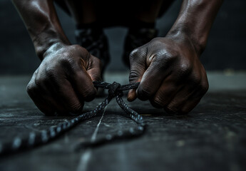 Close up of a black man hands tying shoelaces before training starts