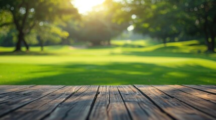 Fototapeta premium A wooden deck in the foreground overlooking a green, sunlit park with trees and grassy fields in the background.
