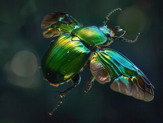 Fototapeta premium luminescent green june beetle in flight intricate details of its iridescent exoskeleton glow against a dark background highlighting its alienlike beauty