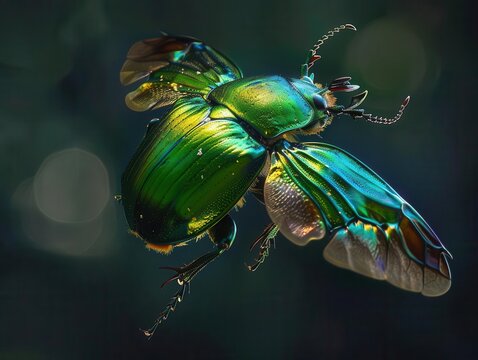 luminescent green june beetle in flight intricate details of its iridescent exoskeleton glow against a dark background highlighting its alienlike beauty