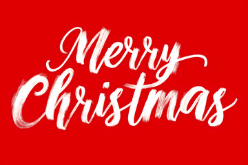 Greeting card with white calligraphy lettering Merry Christmas. Illustration with text for Christmas on red background.