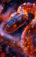 A close-up of a snake's head with iridescent scales against a vibrant, abstract background.
