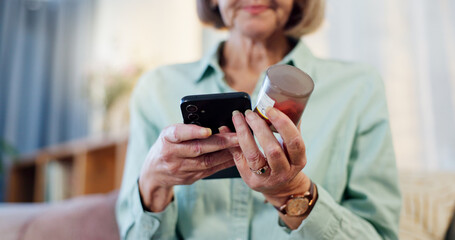 Hands, pills and elderly woman with phone for healthcare website, advice and research on medicine. Retirement home, telehealth and person with container for side effects, dosage and label information