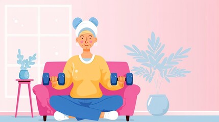 Woman with headband doing yoga with dumbbells on a sofa.