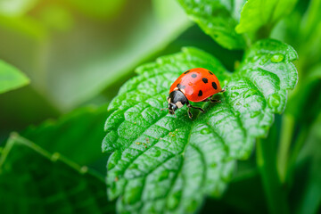 Fototapeta premium Red ladybug on a green leaf outside