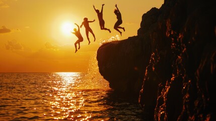 Friends Silhouetted Jumping off Cliff into Sparkling Water Adventure.